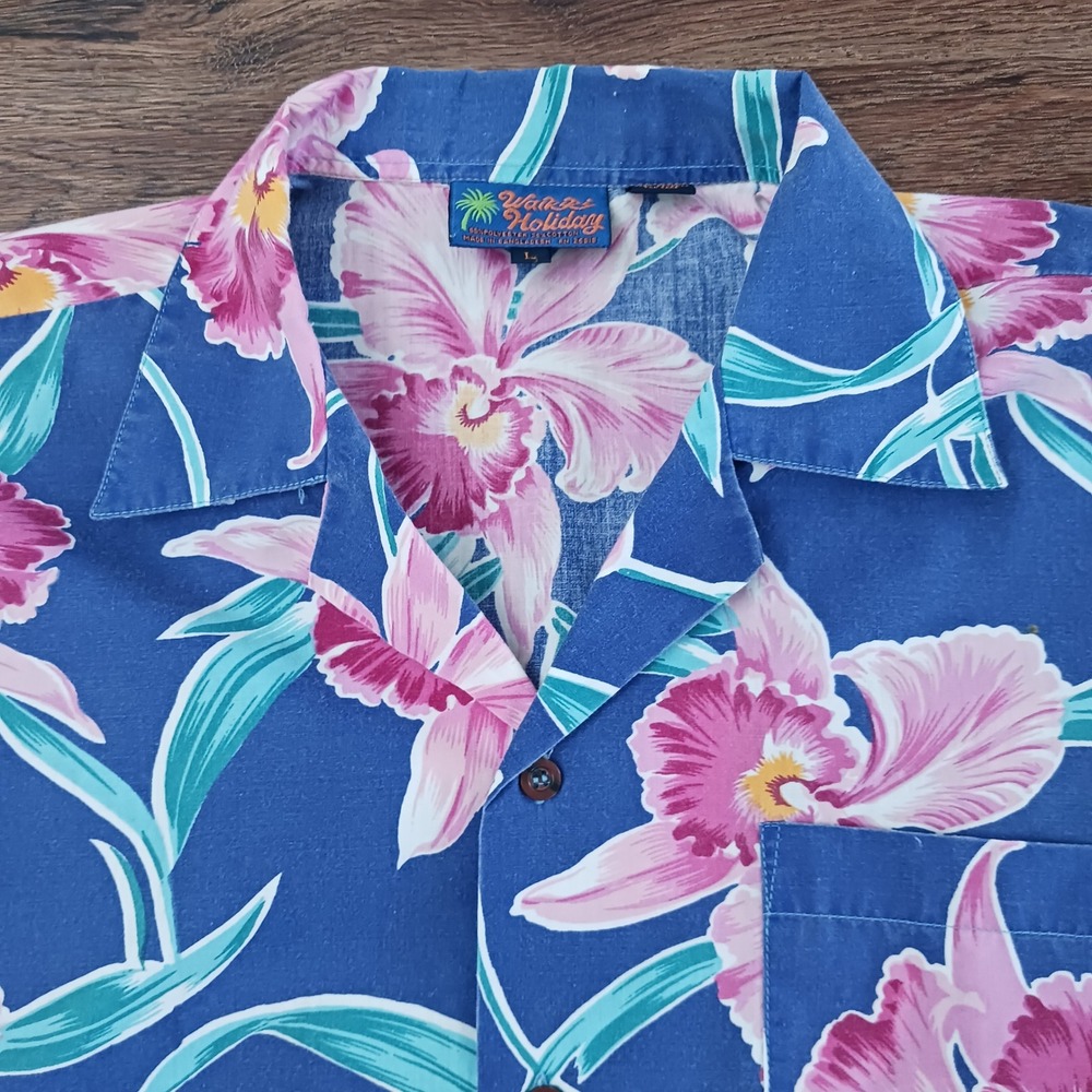 Waikiki Holiday Mens Hawaiian Shirt Blue Pink Floral Orchid Short Sleeve Large